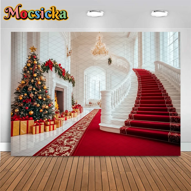 Mocsicka عيد ميلاد سعيد خلفية السنة الجديدة حفلة شجرة قصر الدرج السجادة الحمراء الأبيض الموقد الديكور خلفية المهرجان #6