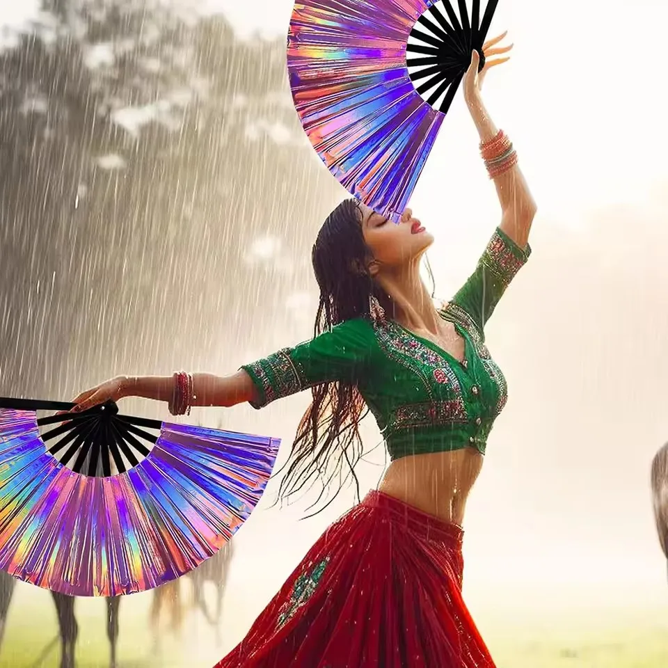 الهذيان مروحة اليد طوي الحرفية عقد الليزر الألوان مروحة اليد مهرجان يده مروحة قابلة للطي للرقص الديكور عطلة الطرف