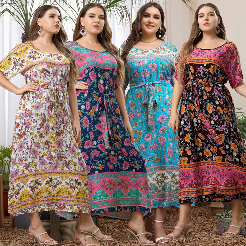 NUOVO abito con cintura con scollo a O con stampa floreale donna vacanza casual estate manica corta Boho maxi abiti lunghi 2025