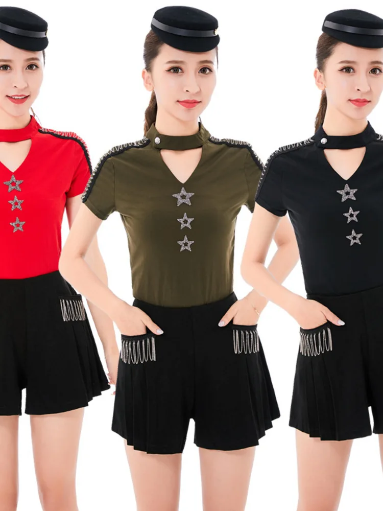 Rhinestones Ballroom Dance Competition Tops Urban Latin Women Short Sleeves Standard Waltz Stadium Modern Luxury Jazz Shorts