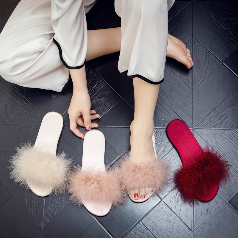 Slippers 2025 New Hairy Women's Fashion Low Heel Wedding Bridesmaid Feather Cool Dragging Women