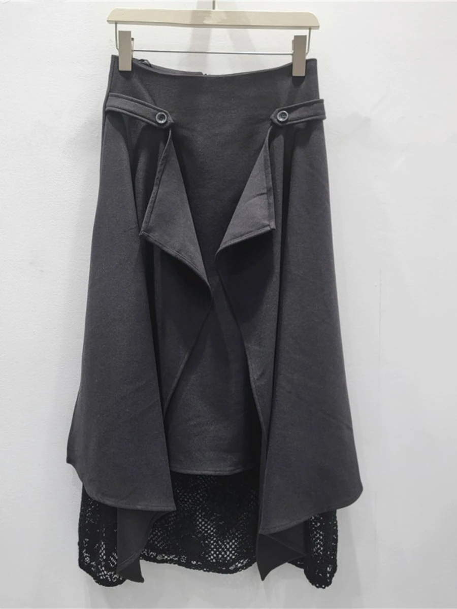 GALCAUR 솔리드 스플라이스 레이스 템퍼먼트 스커트 여성용 하이웨이스트 루즈 엘레강트 불규칙 여성 스커트 가을 패션 스타일 신상