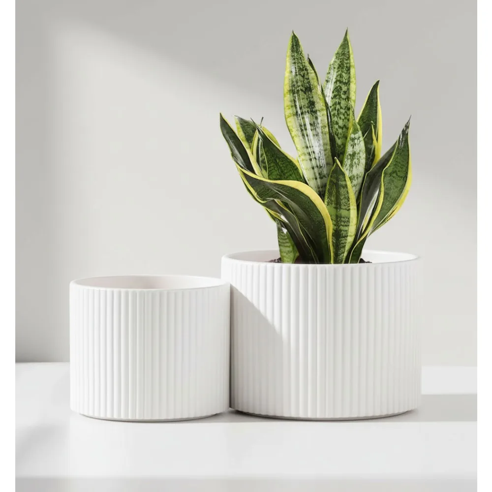

Modern Ceramic Plant Pots with Drainage, 8.1+6 Inch Indoor Flower Planters for Home Decor, Minimalist White