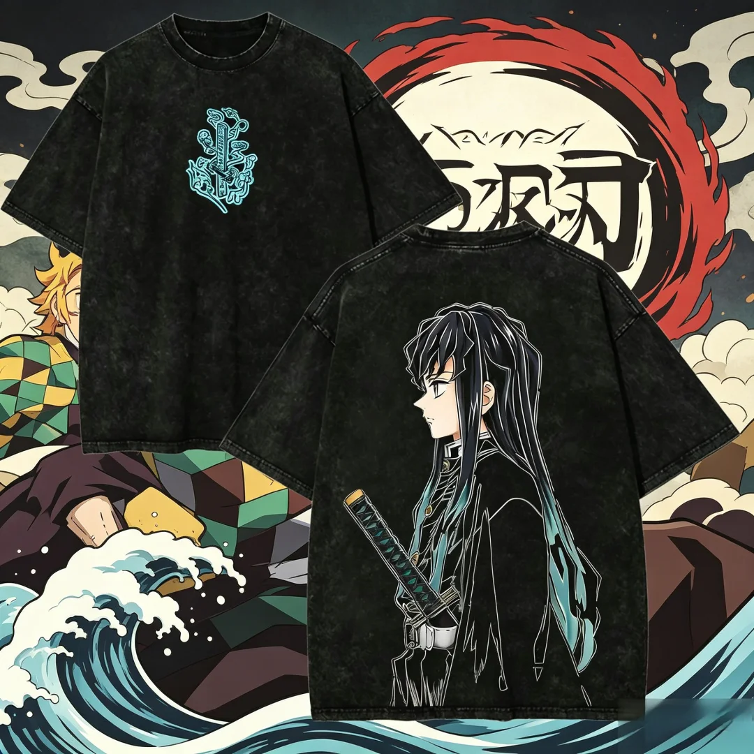 2026 Bestseller Demon Slayer Muichiro Tokito T-Shirt Vintage Washed Oversize Baumwoll-Grafik-T-Shirts Harajuku Streetwear für Männer und Frauen