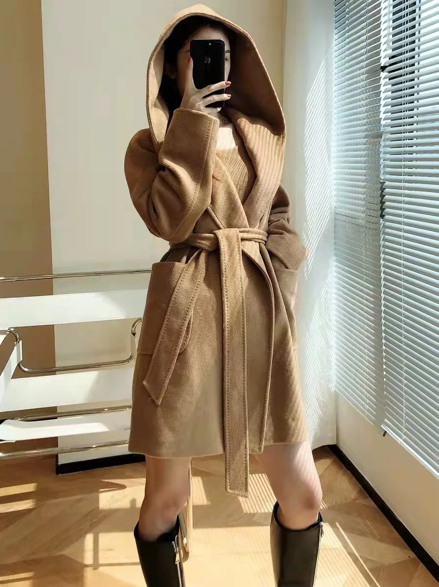 2023 Autumn Camel hair Coat Women Medium Long Hooded Black Coat Female Water Ripple Loose Casual Fashion 100% Camel hair Classic