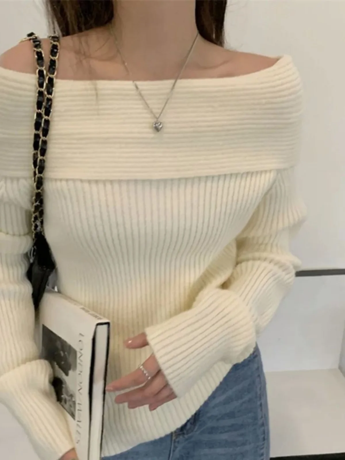 

Spring Autumn Women's One Collar Knitted irt oulder Bared Loose Fit Long Sve Commute Sle Color Decorative Stitch