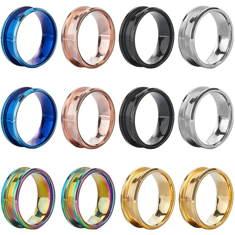 1 Box 12Pcs Inlay Ring Blanks Stainless Steel Ring Blanks Size 8 Grooved Ring Core Black Blue Rose Gold Round Empty making kit