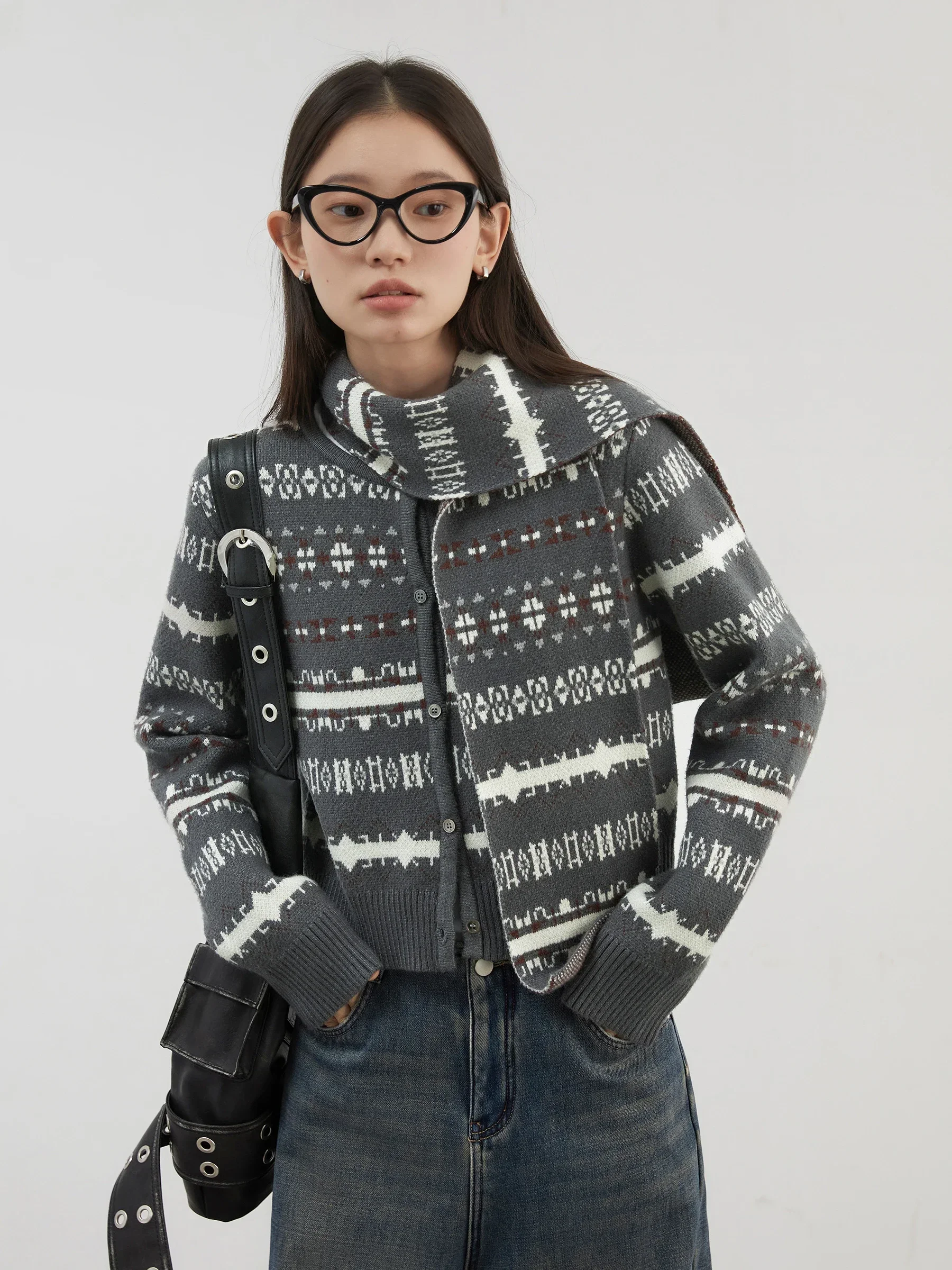 CHIC VEN Women Sweaters Loose Casual Jacquard Striped Knitted Cardigan Women\'s Jumpers With Scarf Autumn Winter 2024