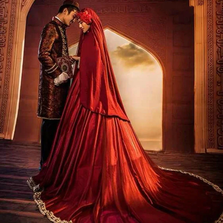 Muslim Wedding Dress Satin for Man and Women Sets Long Sleeve Red Islamic Muslim Goods Arabic Wedding Dress