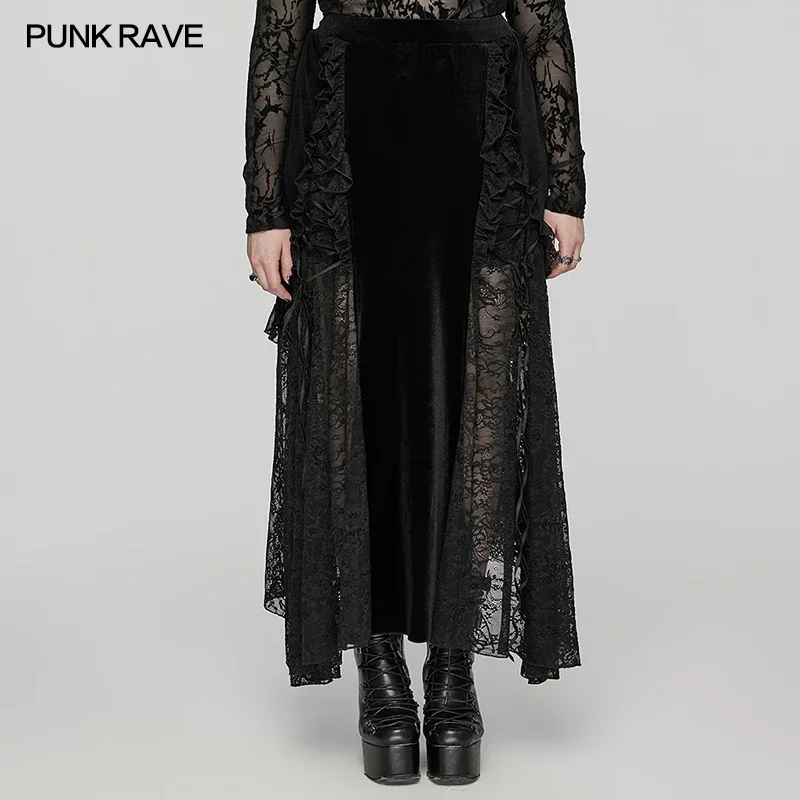 

PUNK RAVE Women's Gothic Staggered Lace Patchwork Ruffled Velvet Skirt Gorgeous Party Club Black Long Skirts for Women Autumn