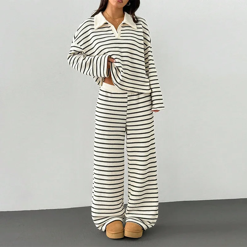 

Autumn Winter Stripe Knitte Pants Sets Women Fashion Lapel Pullover Sweaters Wide Leg Trousers Two Piece Set Temperament Elegant