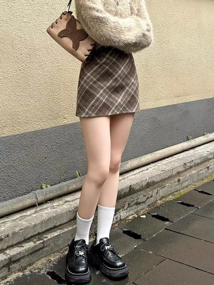 plus Size Women's Woolen  Skirt Plaid A-Line Skirt High Waist Commuter Style New Arrival 2024 Autumn Seasonal Fashion