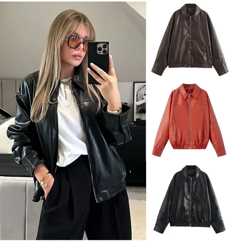 Women PU Leather Jacket Autumn Winter Lapel Collar Zip Up Loose Drop Shoulder Vintage Street Moto Biker Outerwear European Style