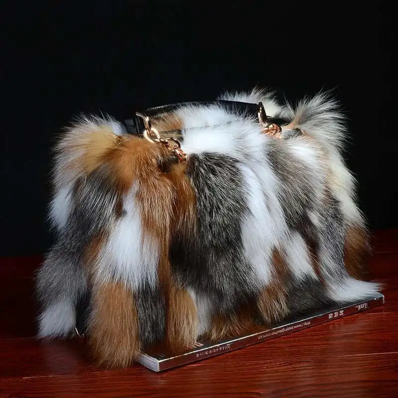 

Real Fox Fur Bag Women Fashion Colorful Fox Fur Bag Message Single Shoulder Bags Natural Silver Fox Handbag Evening Party Bag