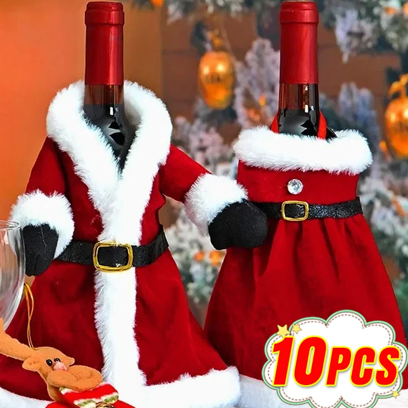 10-1PCS Christmas Wine Bottle Cover Red Velvet Dress Clothes Bottles Bags For Xmas Dinner Table New Year Party Home Decoration