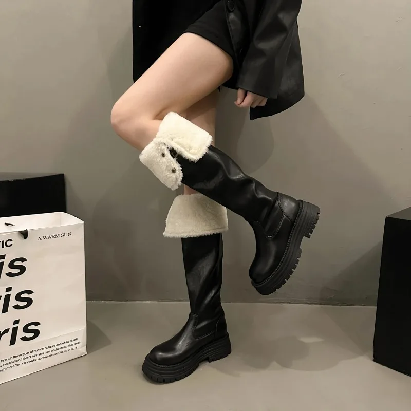 

Platform Women's Long Boots Flats Short Plush Knee High Shoes Winter Fashion Motorcycle Boots New Trend Snow Mujer De Botas
