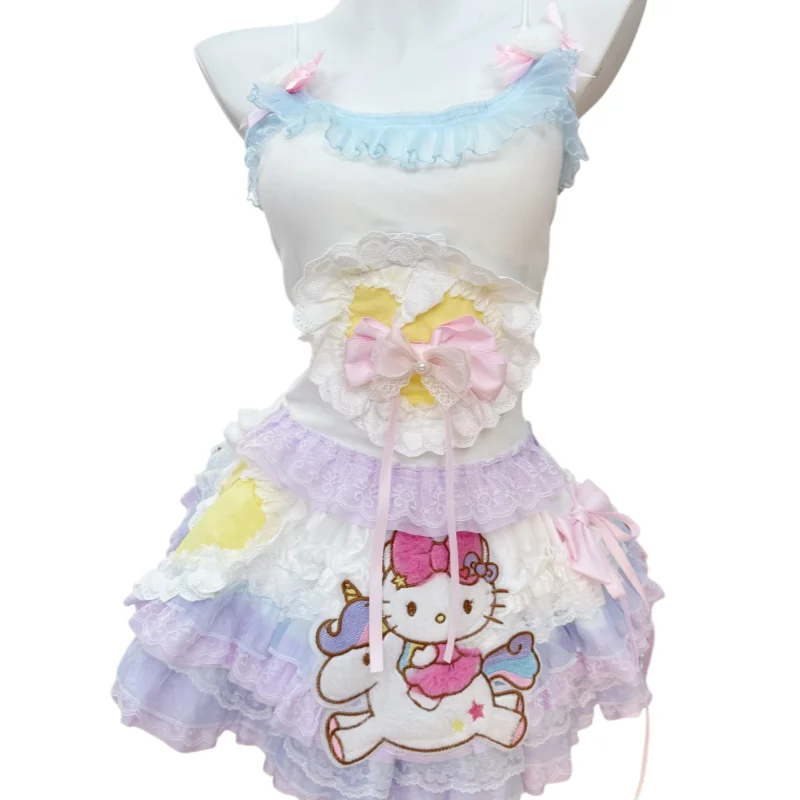 

Милые аниме-топы Hello Kitty для женщин с кружевной отделкой и бантиками, нежные розовые топы для девочек, короткая юбка-пышка в стиле Лолита