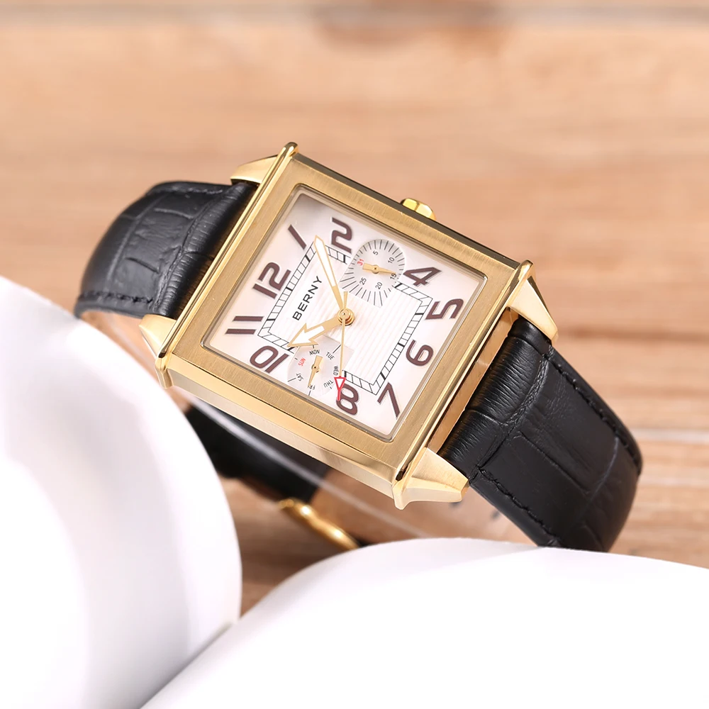 BERNY Quartz Watch for Men Luxury Watch Male Vintage BERNY 6P25 Day Date Leather 3ATM Waterproof Golden Tank Square Wristwatch