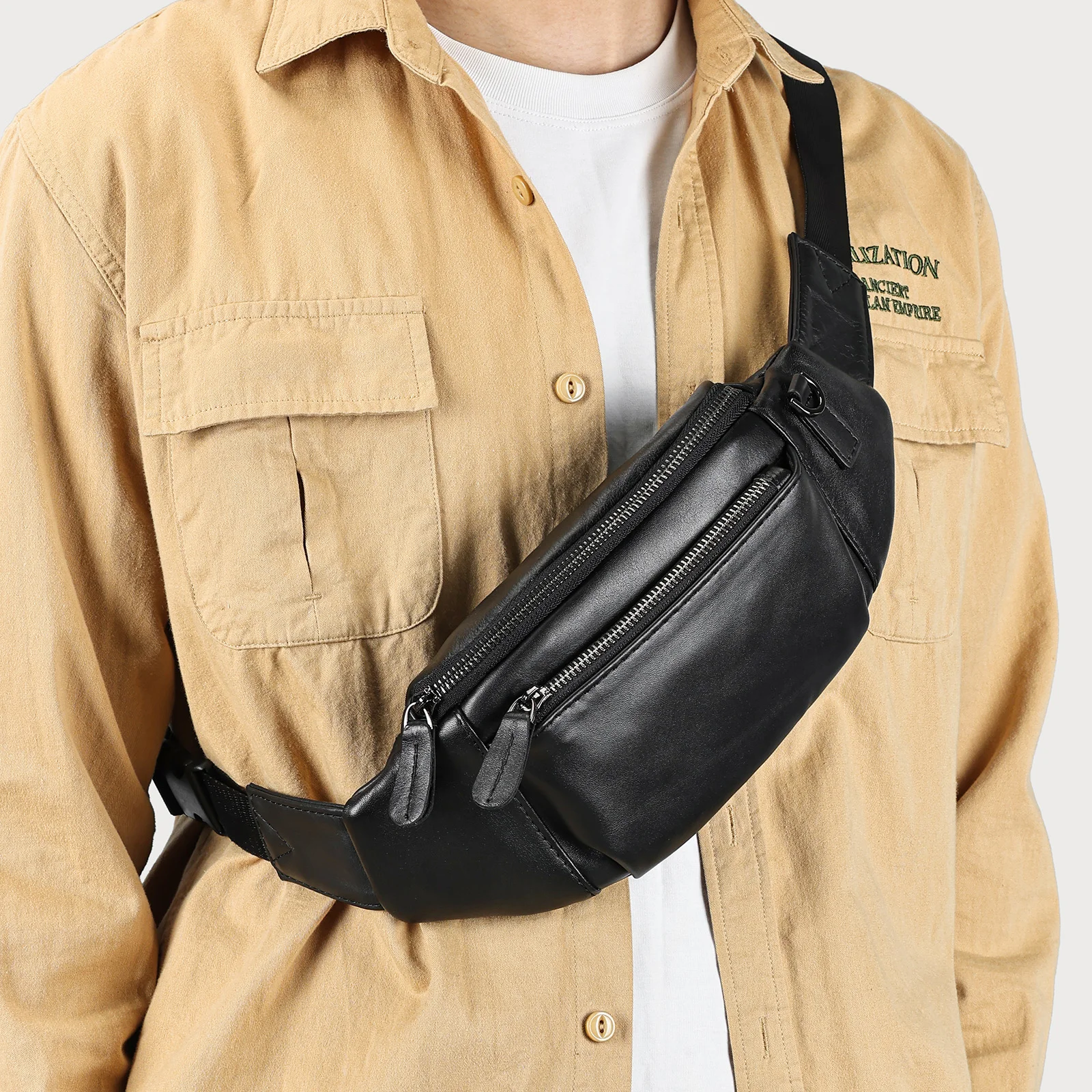 

Сумка через плечо из натуральной кожи, регулируемый плечевой ремень, многослойная молния для хранения, рекомендуемая портативная мужская сумка