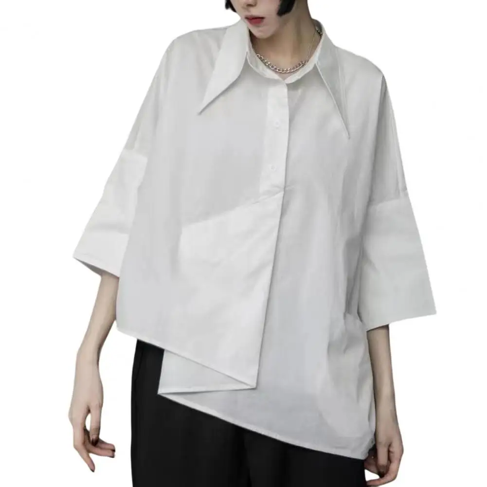 

Women Men Shirt Pocket Decoration Irregular Hem Three Quarter Sleeves Loose Lapel Summer Shirt Adult Clothes