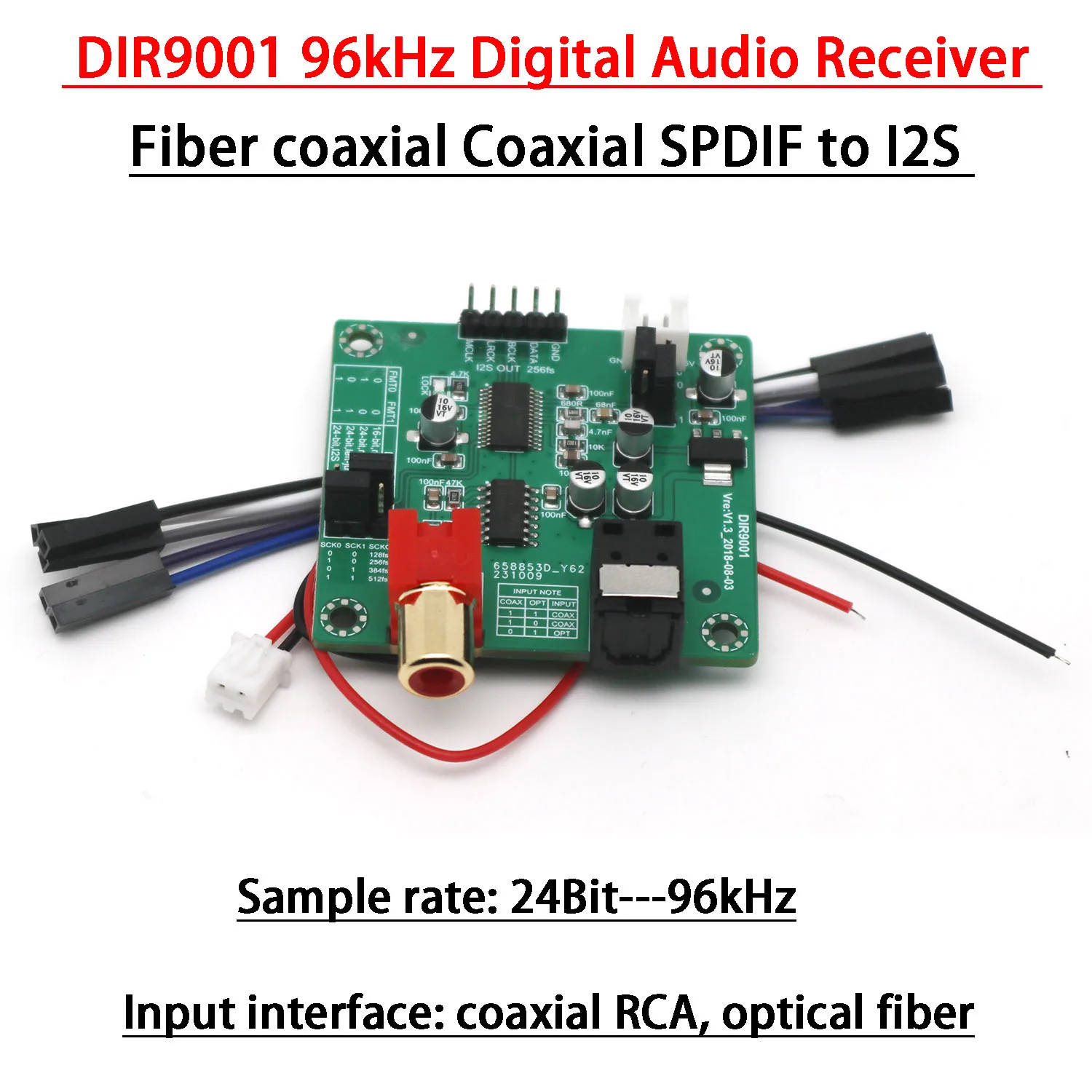 DIR9001 Digital Audio Receiver Fiber coaxial Coaxial SPDIF to I2S output Sample rate 24bit 96khz RCA FOR DAC decoder board