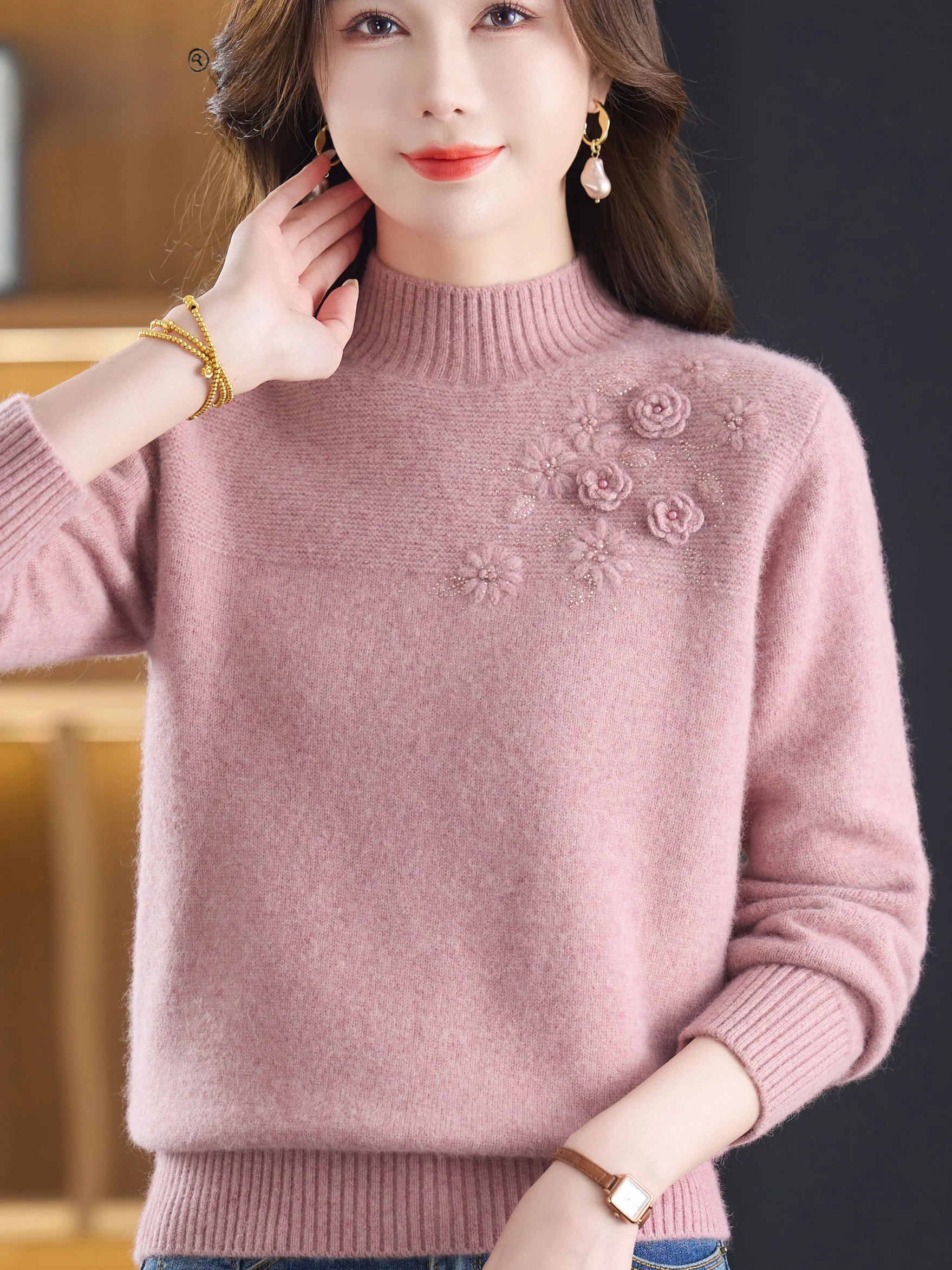 

Осень-зима Thiened Camere вязаный свитер с вышивкой и высоким воротником Mommy Sle модный дышащий теплый шерстяной топ