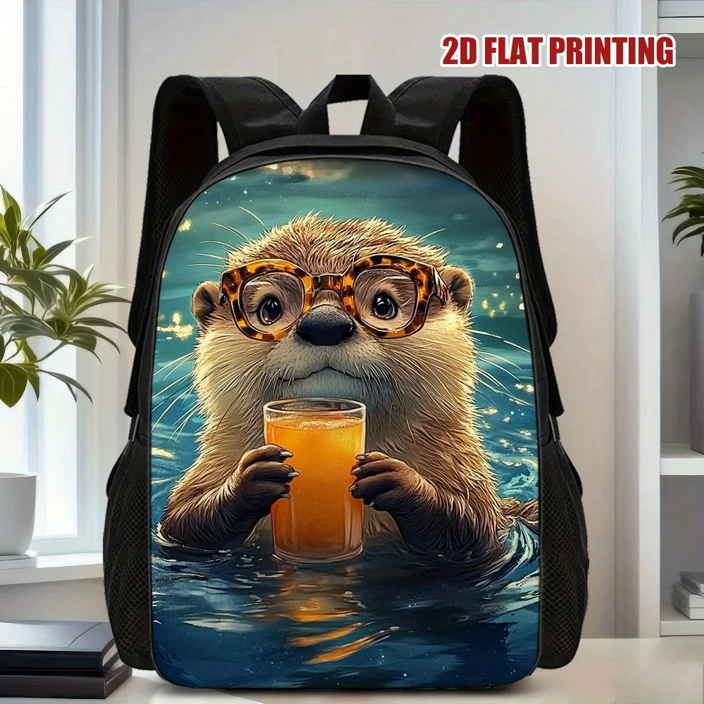 

1 lightweight polyester backpack with cute otter and drink 2D flat print, adjustable shoulder strap, zip closure - suitable