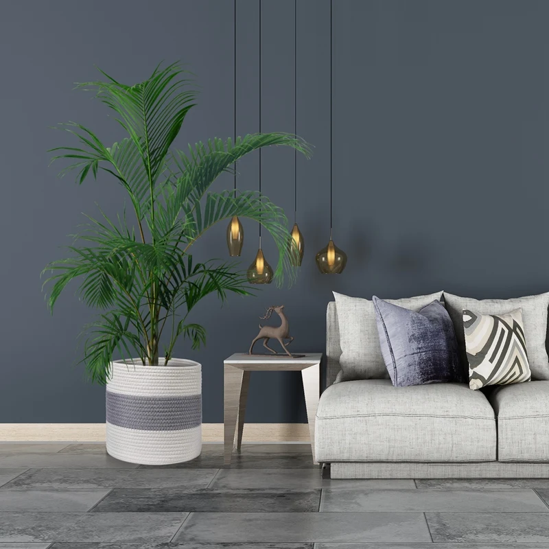 Cesta de plantas de cuerda de algodón para plantas en macetas, cesta de almacenamiento tejida, macetas para plantar suelo interior con asas, decoración del hogar