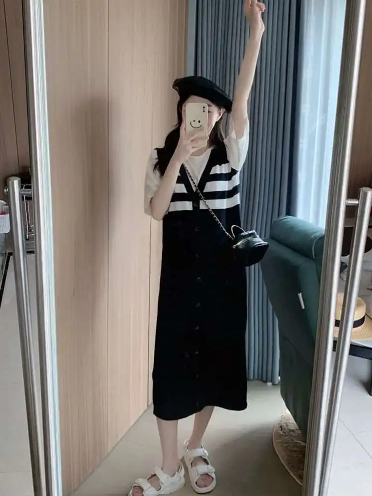 夏ルーズストライプ Tシャツロングドレス通勤スタイルルーズウエストレギュラースリーブポリエステル繊維ボディコンミッドレングスラウンドネック