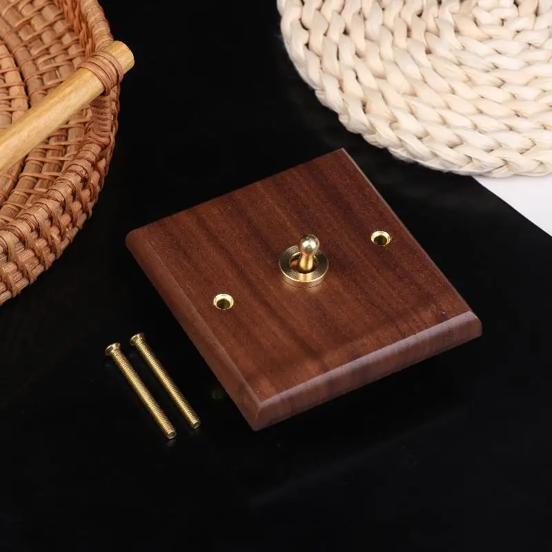 【New】Black Walnut Wood Retro British Light Switch Socket Bedside Wall Lamp Switch LED Dimmer Pure Wood Brass Toggle Switch Board