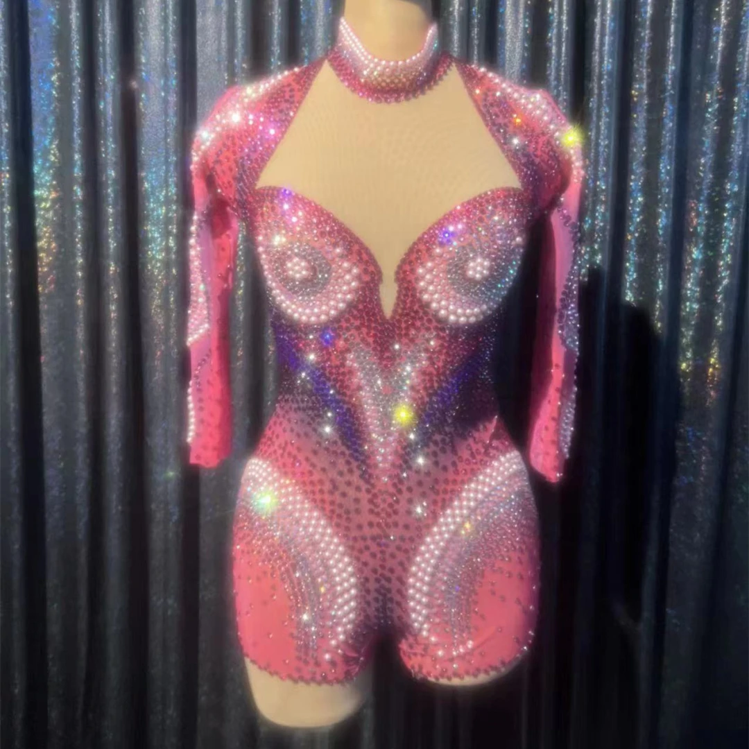 Big Pearls Bodysuit Sexy Leotard Birthday Party Dance Outfit Nightclub Bar Women Singer Team Costume Shining Rhinestones Clothes