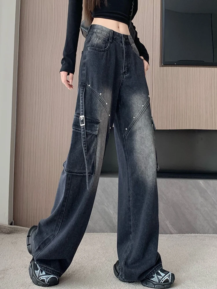 Women Black Goth Baggy Jeans Harajuku Japanese 2000s Style Denim Trousers Y2k Vintage Punk Emo Jean Pants Trashy Clothes