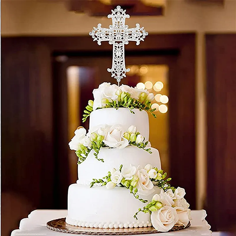 Adornos para pastel de Cruz con bolas de plata, adorno para pastel para boda religiosa, bautismo, bautizo, compromiso