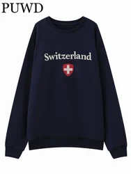 PUWD Women Fashion Navy Switzerland Embroidery Sweatshirts 2023 Fall Vintage O Neck Long Sleeves Tops Female Loose Pullovers