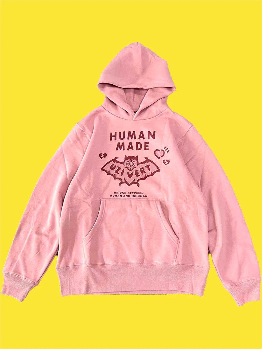 HUMAN MADE Pink Bat Hoodie Fleece Lined Unisex Couple Pullover Winter Gothic Cute Streetwear