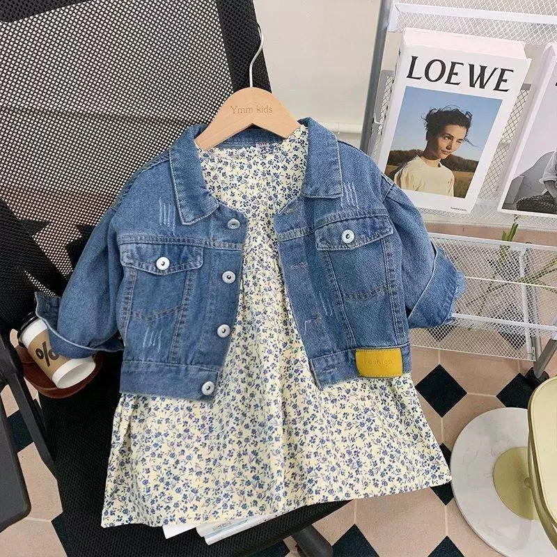 

Autumn New Girls' Suit Fashion Denim Jacket Cute Floral Dress SuitWS