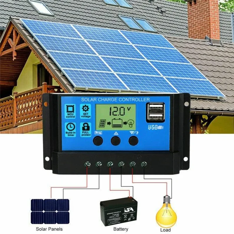 Controlador de carga da bateria do painel solar, regulador inteligente com porta usb dupla, controlador multifuncional 100A