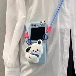 Luxury Furry 3D Cute Dog Holder Phone Case For Samsung Galaxy ZFlip7 Z Flip 6 ZFlip 5 Flip4 3 5G Portable Rope Chain Cover