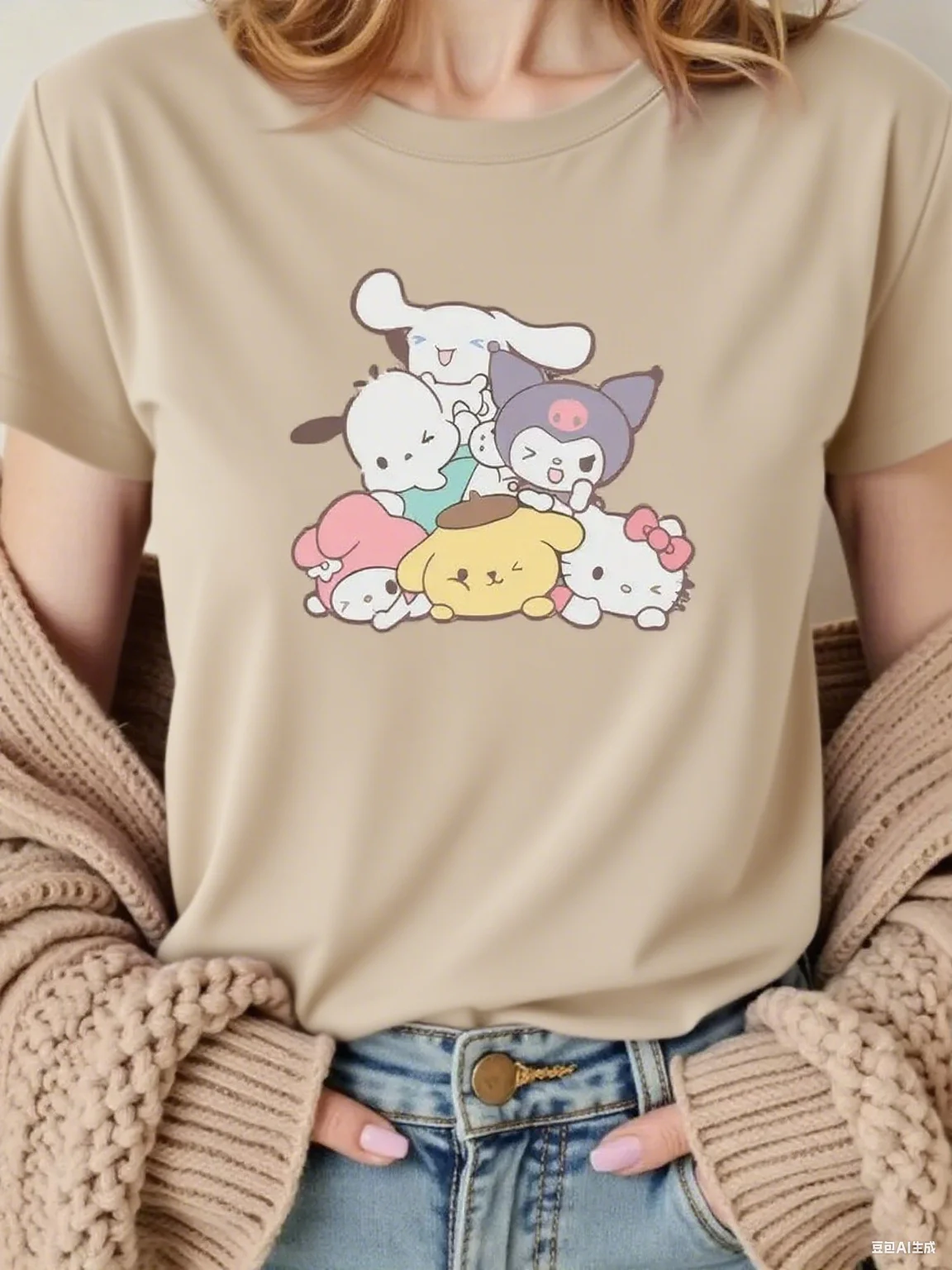 

Хлопковая футболка Playful Sanrio Stacked Characters с забавным принтом нескольких персонажей Sanrio в стопке, футболка из мягкой хлопчатобумажной ткани S-4XL