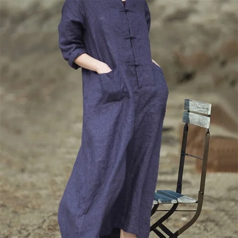 

Spring New Vintage Navy Romper Woman Soft Frog Button Loose Wide Legs Jumpsuit Chinese Style Loose Fit Jumpsuits for Women