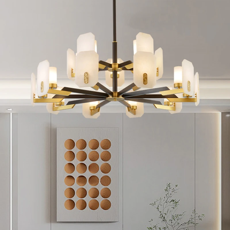 Nordic Villa Duplex Living Room Chandelier Spanish Marble Brass Bedroom Study Decorative Led Alabaster Pendant Light