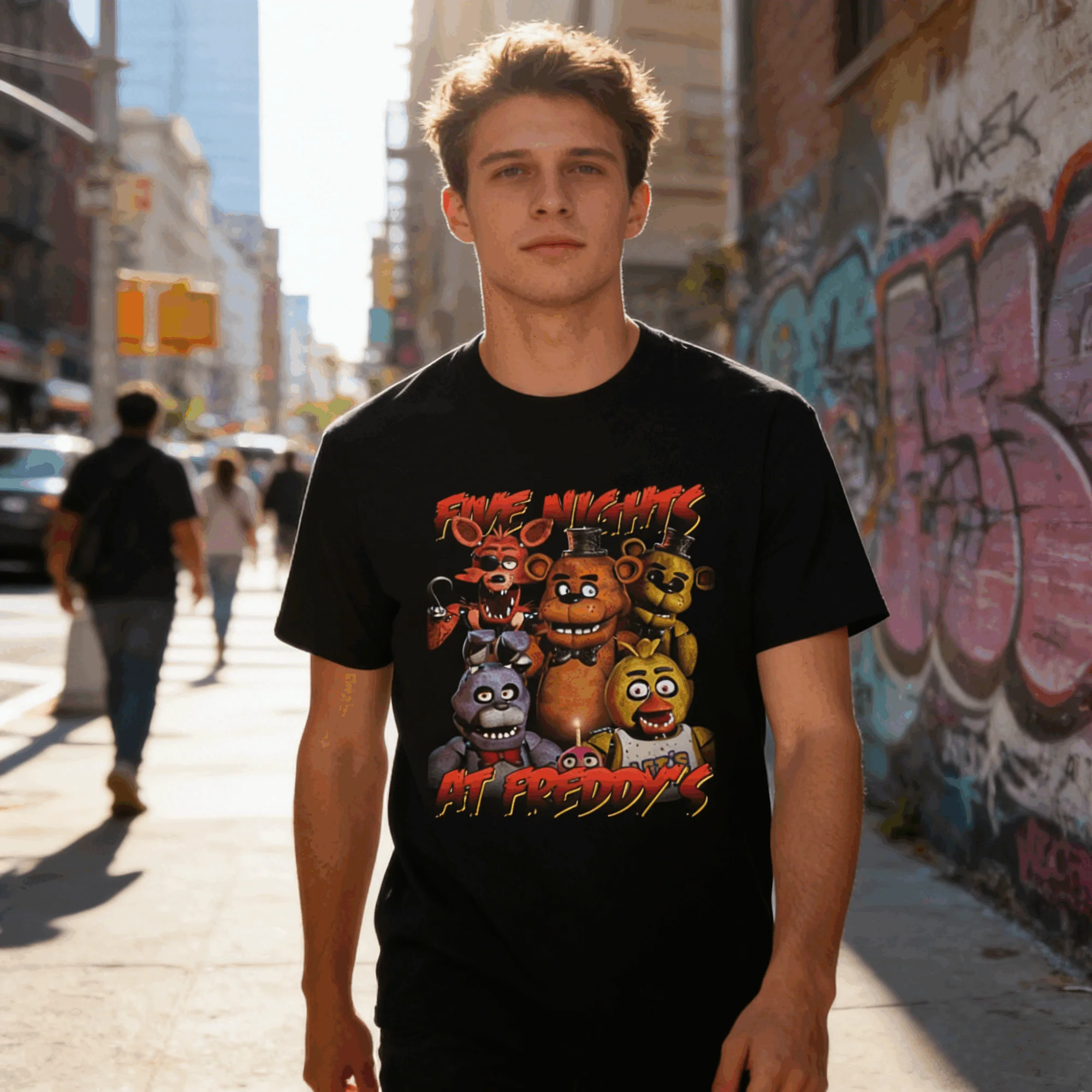 تي شيرت رجالي جديد 2026 بأكمام قصيرة من القطن غير رسمي خمس ليالًا في فريدي جرافيك مطبوع FNAF لعبة شخصية عصرية تي شيرت