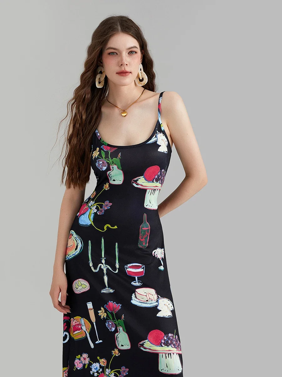 Women Vintage Graphic Print Cami Dress Summer Sleeveless Backless Slip Dress Fashion Midi Bodycon Dress for Club Party