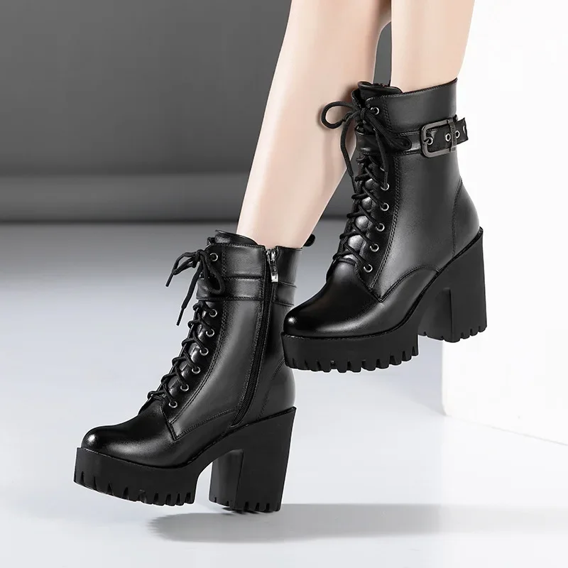 Small Size 32 33 34-43 Vintage Chunky Platform Shoes Winter 2024 Side Zip High Heels Motorcycle Ankle Boots with Warm Plush