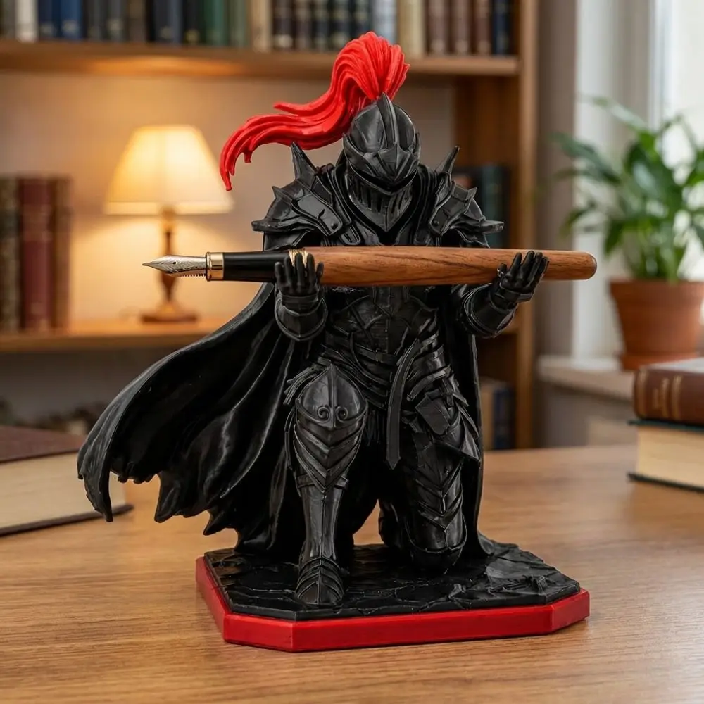 Plastic Kneeling Knight Pen Holder Statue 3D Printed Red Plume Dark Knight Desktop Pen Holder Novelty Gift