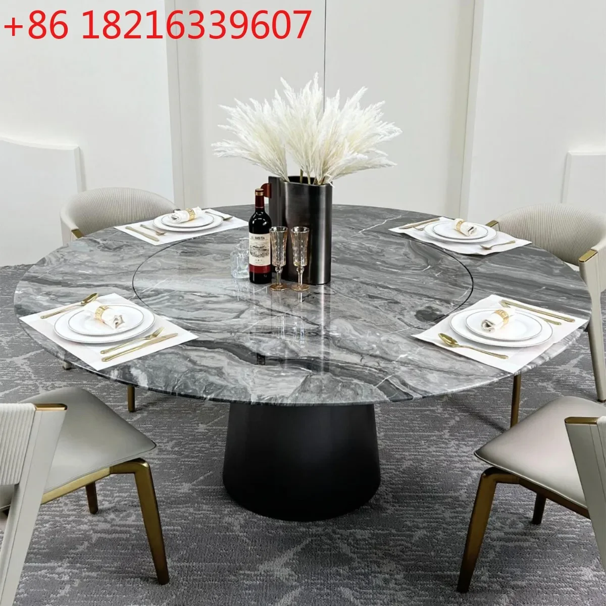 YAO Luxury Stone Round Dining Table with Turntable, 1.2m Brown Natural Marble Dining Table with Embedded Turntable