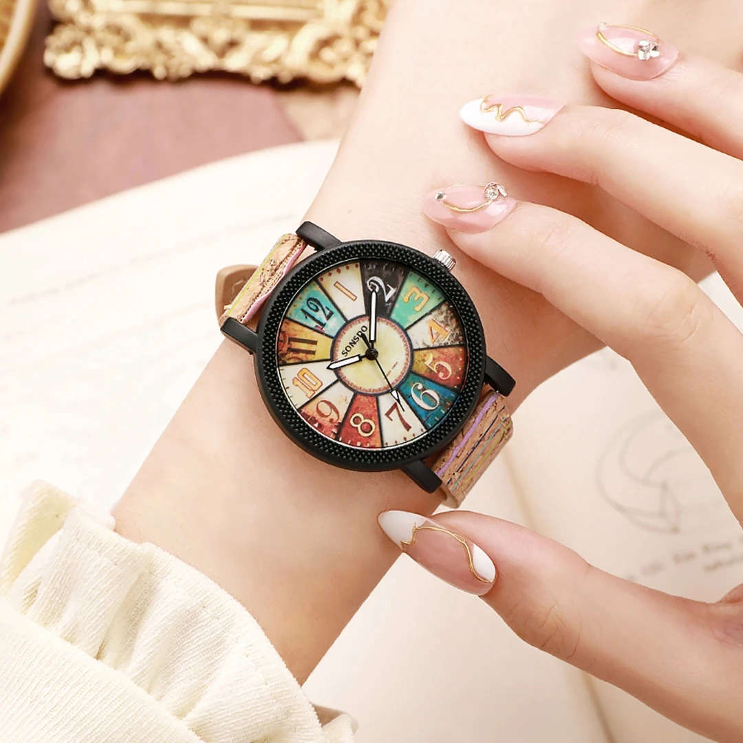 2Pcs/Set Women's Fashion Watch Retro Roman Disc Quartz Imitation Leather Quartz Watch Set