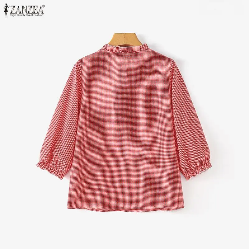 ZANZEA Women Plaid Blouse 3/4 Lantern Sleeve Tops Ruffle Tie Neck Loose Shirts Elegant Tunics Casual Work Autumn Blusas Ladies - view 5