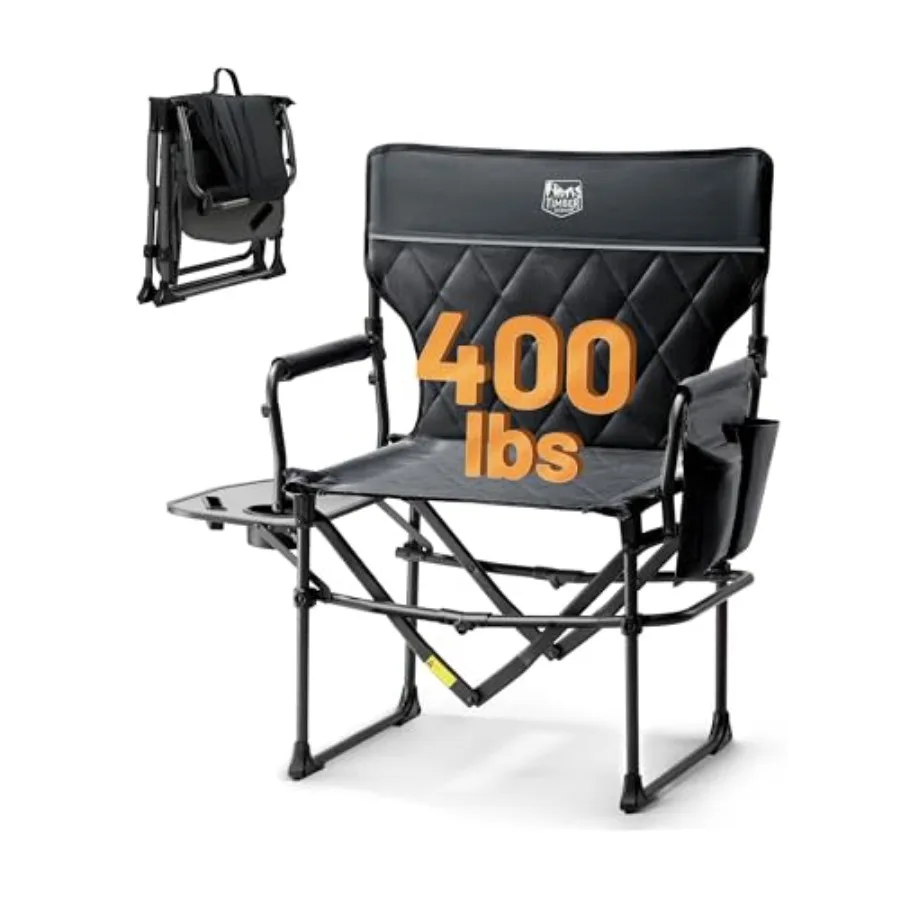 

Heavy Duty Camping Chair for Outdoor Use, Steel Frame with Black Fabric, Compact Portable Design with Side Table and Storage Po