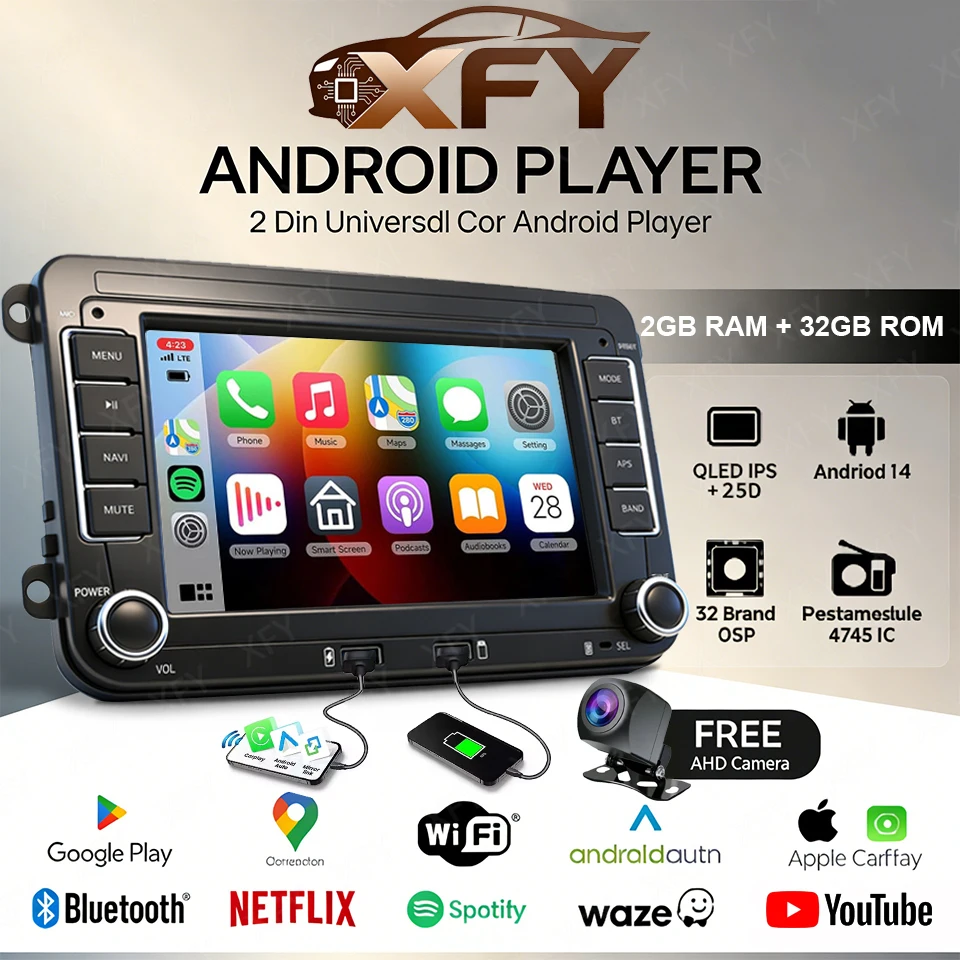 

XFY 7" Android 14 4G+64G Apple Carplay Car Stereo GPS NAVI WIFI RDS FM BT for VW Golf 5 6 Passat Polo Touran Tiguan Caddy EOS